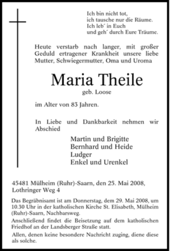 Traueranzeige von Maria Theile von Tageszeitung