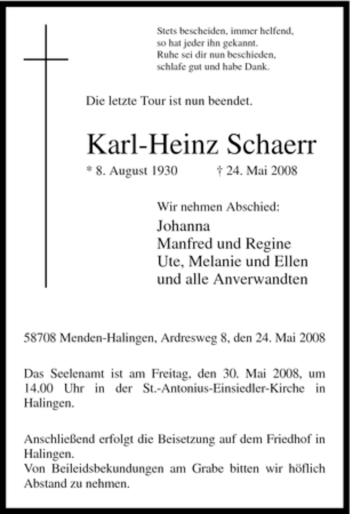 Traueranzeige von Karl-Heinz Schaerr von Tageszeitung