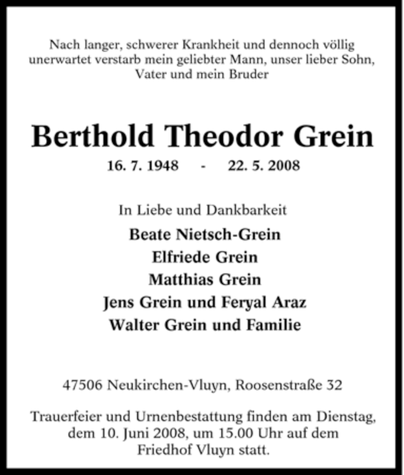  Traueranzeige für Berthold Theodor Grein vom 28.05.2008 aus Tageszeitung