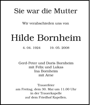 Traueranzeige von Hilde Bornheim von Tageszeitung