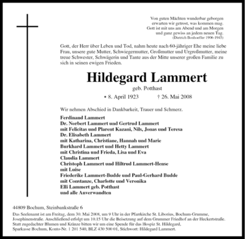  Traueranzeige für Hildegard Lammert vom 28.05.2008 aus Tageszeitung