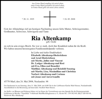 Traueranzeige von Ria Altenkamp von Tageszeitung