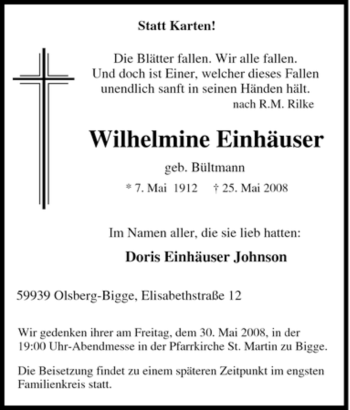 Traueranzeige von Wilhelmine Einhäuser von Tageszeitung