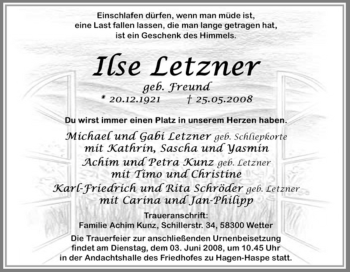 Traueranzeige von Ilse Letzner von Tageszeitung