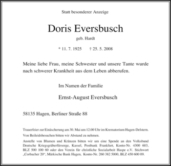 Traueranzeige von Doris Eversbusch von Tageszeitung
