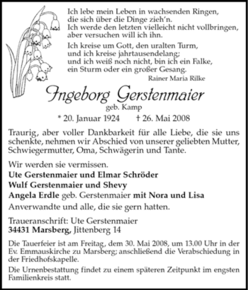 Traueranzeige von Ingeborg Gerstenmaier von Tageszeitung