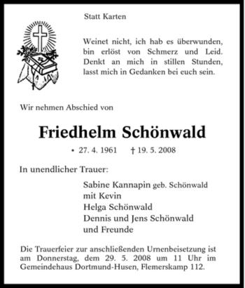 Traueranzeige von Friedhelm Schönwald von Tageszeitung