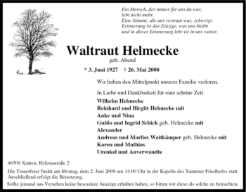 Traueranzeige von Waltraut Helmecke von Tageszeitung