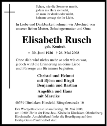 Traueranzeige von Elisabeth Rusch von Tageszeitung