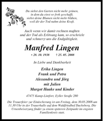 Traueranzeige von Manfred Lingen von Tageszeitung