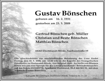 Traueranzeige von Gustav Bönschen von Tageszeitung