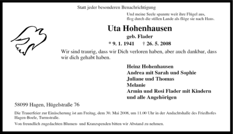 Traueranzeige für Uta Hohenhausen vom 28.05.2008 aus Tageszeitung