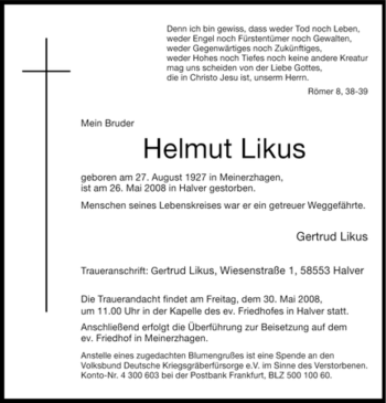 Traueranzeige von Helmut Likus von Tageszeitung