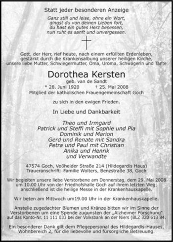 Traueranzeige von Dorothea Kersten von Tageszeitung