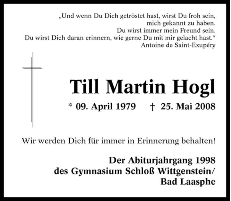  Traueranzeige für Till Martin Hogl vom 29.05.2008 aus Tageszeitung