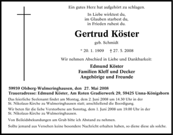 Traueranzeige von Gertrud Köster von Tageszeitung