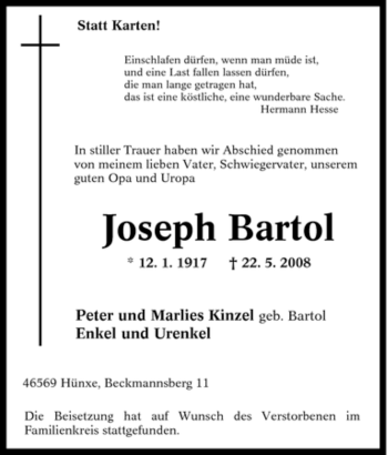 Traueranzeige von Joseph Bartol von Tageszeitung