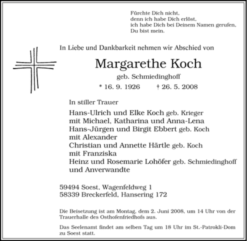  Traueranzeige für Margarethe Koch vom 29.05.2008 aus Tageszeitung