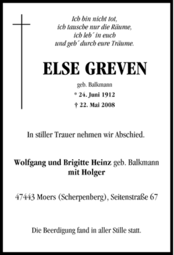 Traueranzeige von Else Greven von Tageszeitung