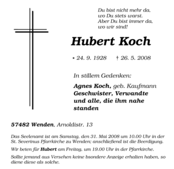 Traueranzeige von Hubert Koch von Tageszeitung