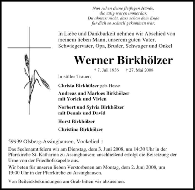  Traueranzeige für Werner Birkhölzer vom 29.05.2008 aus Tageszeitung