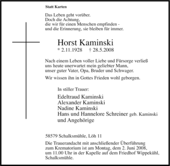 Traueranzeige von Horst Kaminski von Tageszeitung