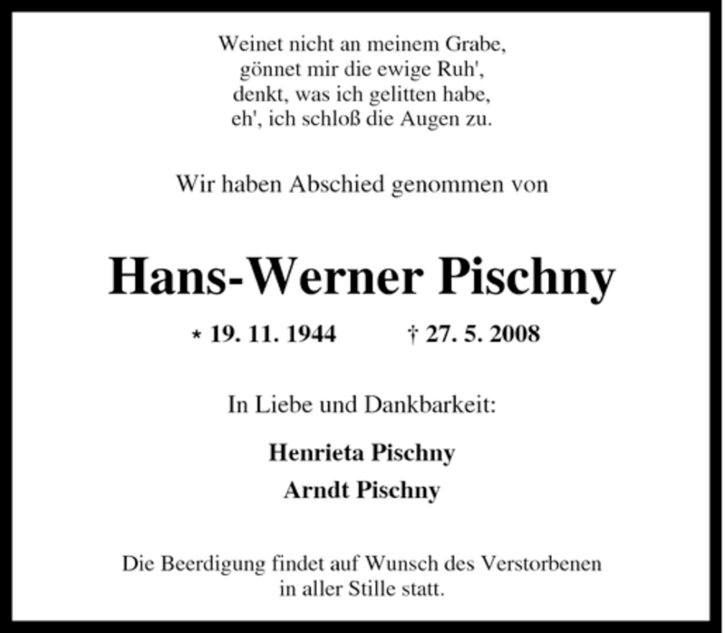 Traueranzeige für Hans-Werner Pischny vom 29.05.2008 aus Tageszeitung