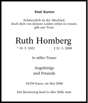 Traueranzeige von Ruth Homberg von Tageszeitung