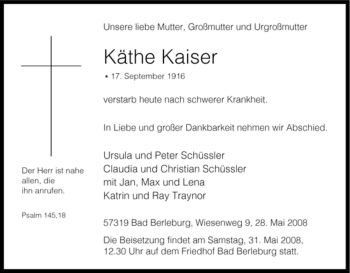 Traueranzeige von Käthe Kaiser von Tageszeitung
