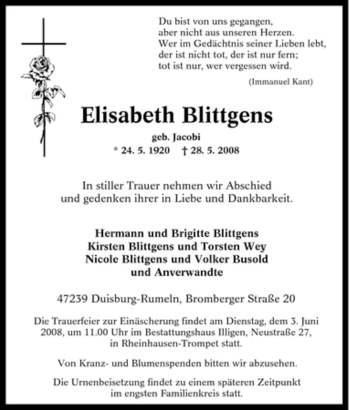 Traueranzeige von Elisabeth Blittgens von Tageszeitung