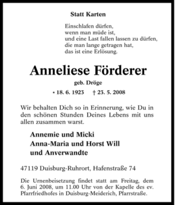 Traueranzeige von Anneliese Förderer von Tageszeitung