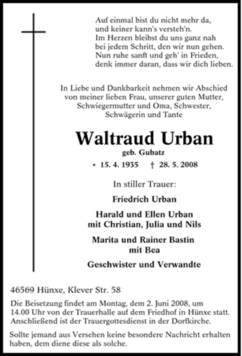 Traueranzeige von Waltraud Urban von Tageszeitung