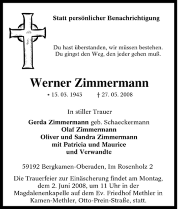 Traueranzeige von Werner Zimmermann von Tageszeitung