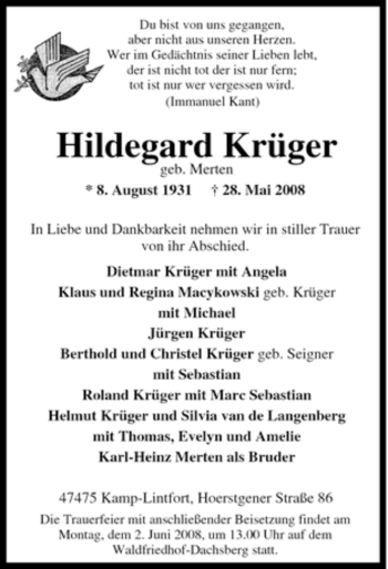 Traueranzeige von Hildegard Krüger von Tageszeitung