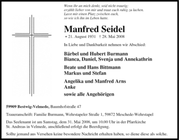 Traueranzeige von Manfred Seidel von Tageszeitung