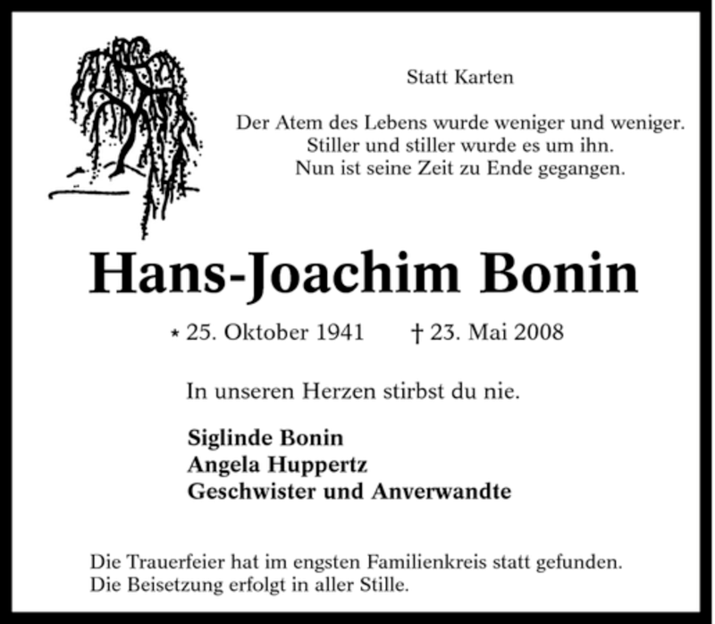  Traueranzeige für Hans-Joachim Bonin vom 31.05.2008 aus Tageszeitung