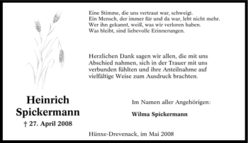 Traueranzeige von Heinrich Spickermann von Tageszeitung