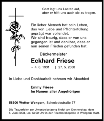 Traueranzeige von Eckhard Friese von Tageszeitung