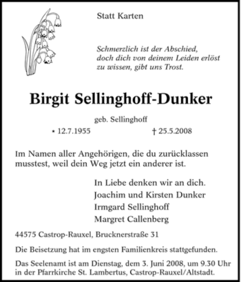 Traueranzeige von Birgit Sellinghoff-Dunker von Tageszeitung