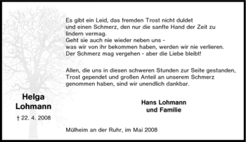Traueranzeige von Helga Lohmann von Tageszeitung