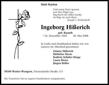 Traueranzeige von Ingeborg Hißerich von Tageszeitung