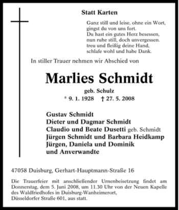 Traueranzeige von Marlies Schmidt von Tageszeitung