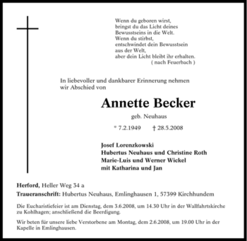 Traueranzeige von Annette Becker von Tageszeitung