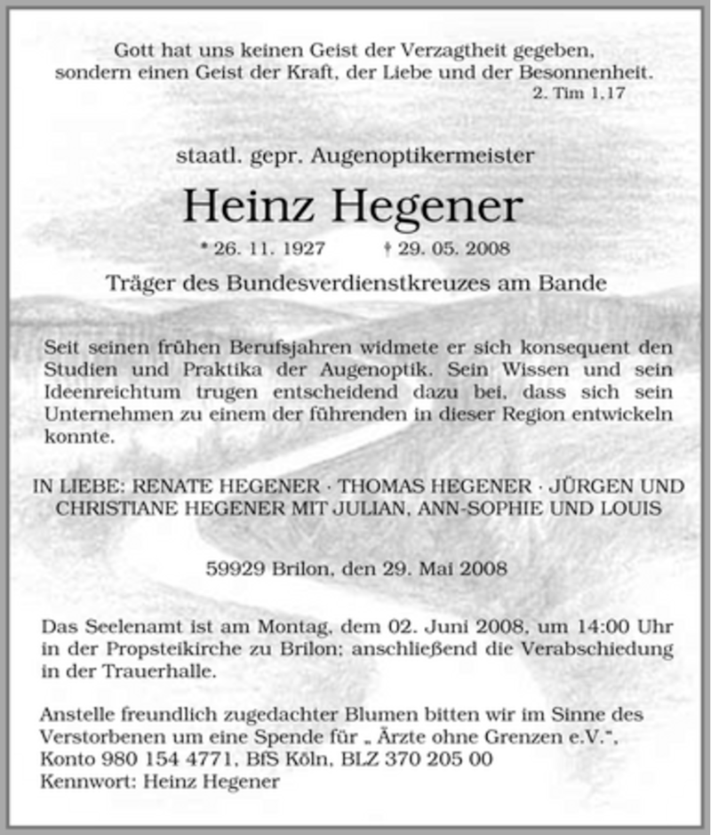  Traueranzeige für Heinz Hegener vom 31.05.2008 aus Tageszeitung