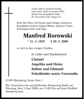 Traueranzeige von Manfred Borowski von Tageszeitung