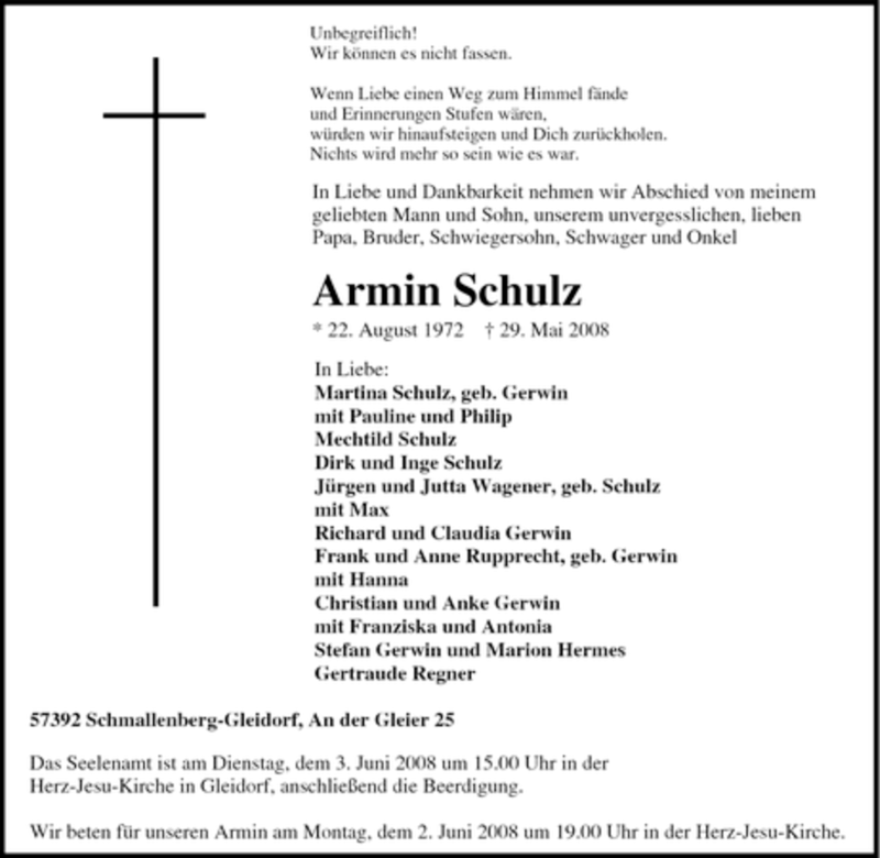  Traueranzeige für Armin Schulz vom 31.05.2008 aus Tageszeitung