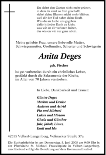 Traueranzeige von Anita Deges von Tageszeitung