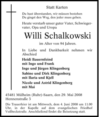 Traueranzeige von Willi Schalkowski von Tageszeitung