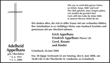 Traueranzeige von Adelheid Appelhans von Tageszeitung