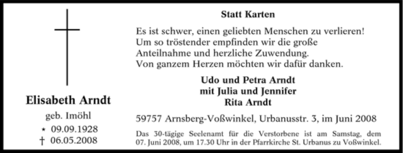  Traueranzeige für Elisabeth Arndt vom 02.06.2008 aus Tageszeitung